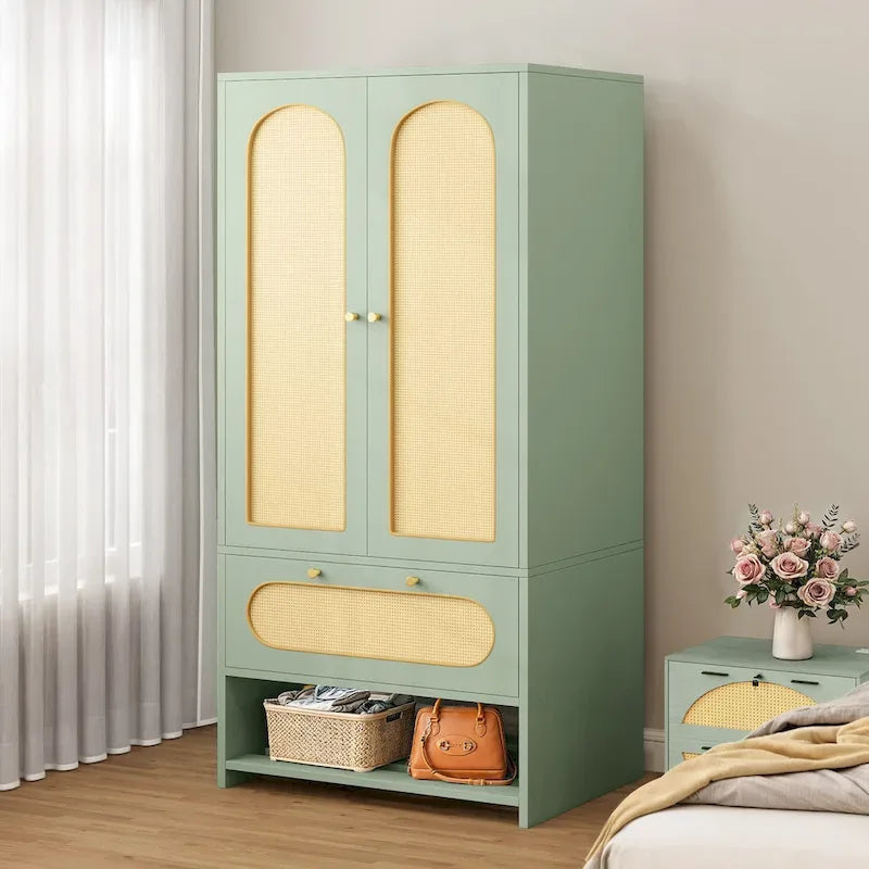 White Rattan Arched Armoire with Drawer & Hanging Rod, Single