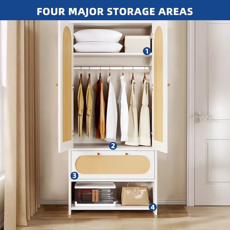White Rattan Arched Armoire with Drawer & Hanging Rod, Single