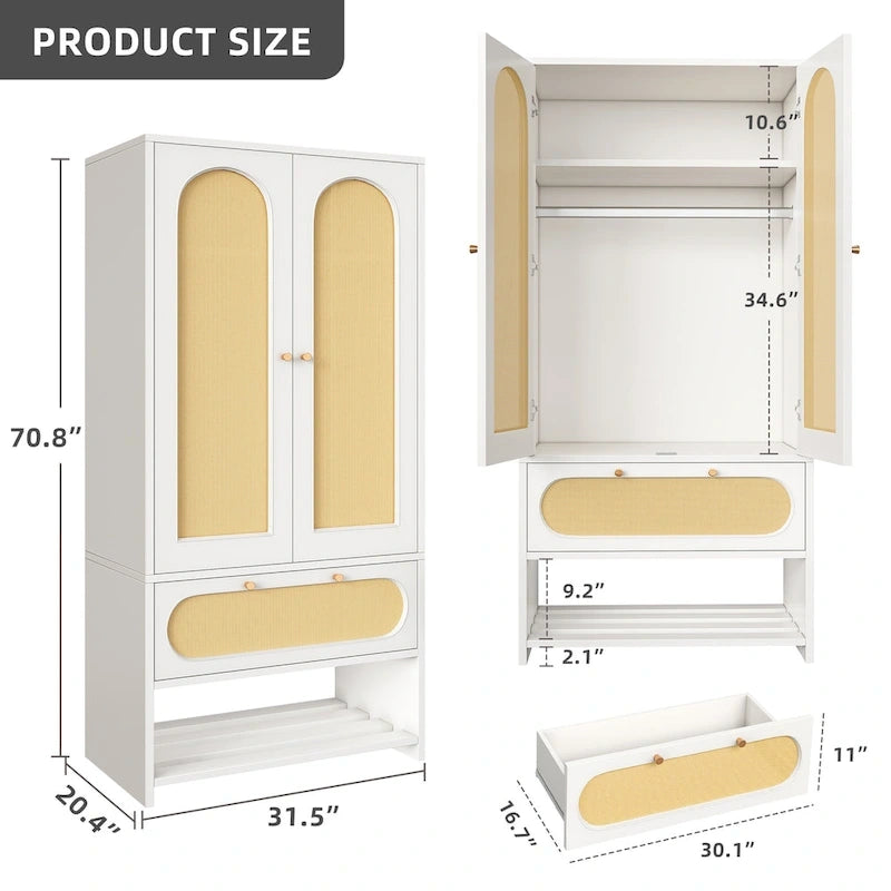 White Rattan Arched Armoire with Drawer & Hanging Rod, Single