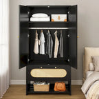 White Rattan Arched Armoire with Drawer & Hanging Rod, Single