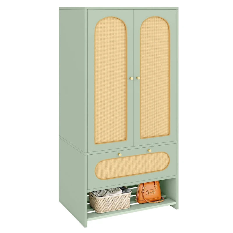 White Rattan Arched Armoire with Drawer & Hanging Rod, Single