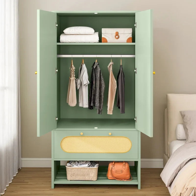 White Rattan Arched Armoire with Drawer & Hanging Rod, Single