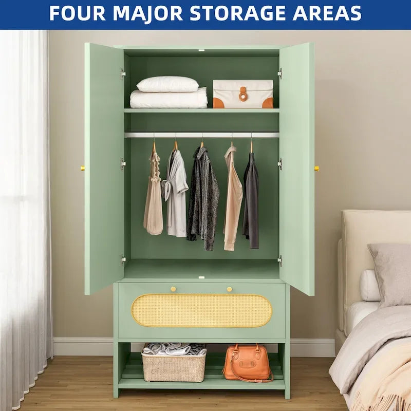 White Rattan Arched Armoire with Drawer & Hanging Rod, Single
