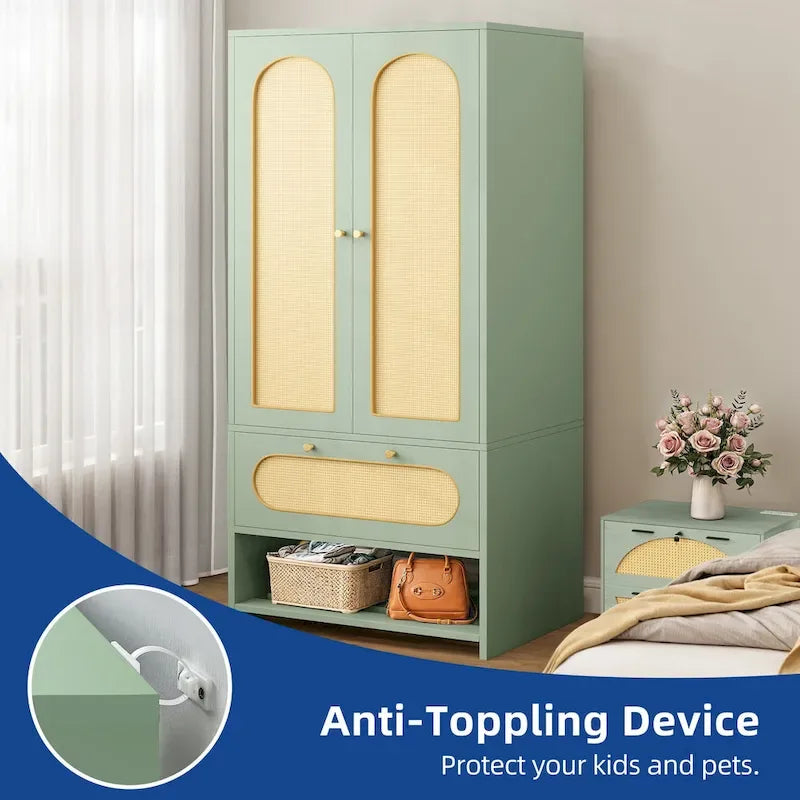White Rattan Arched Armoire with Drawer & Hanging Rod, Single