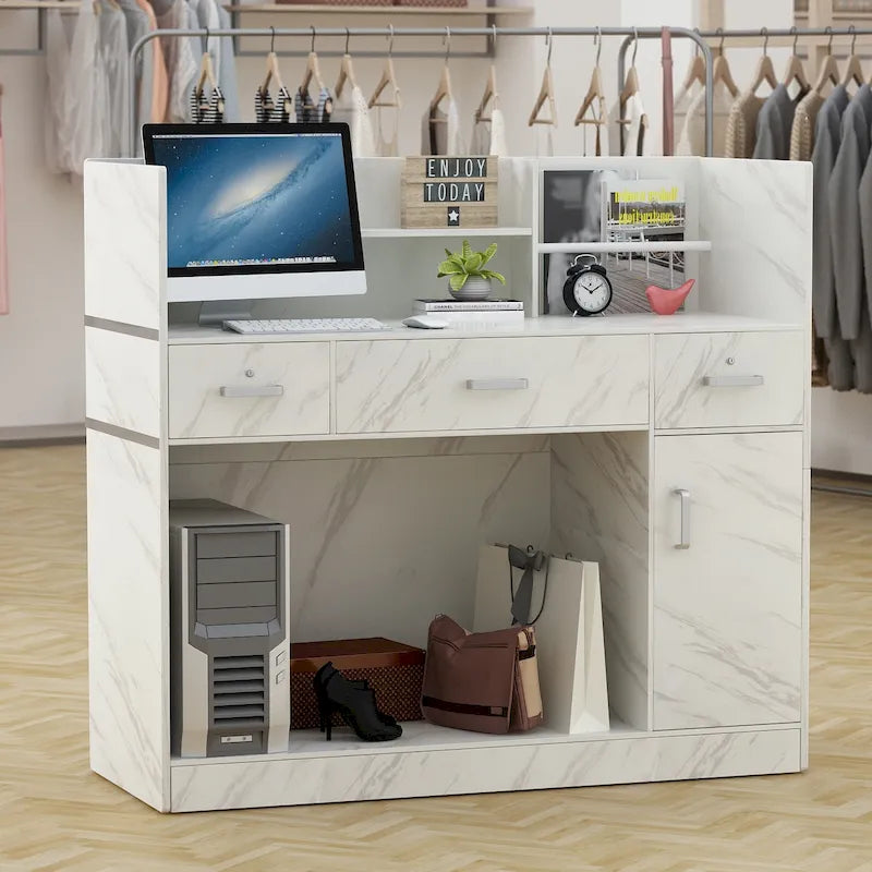 White 3-Drawer Reception Desk, Modern Style, Single-User