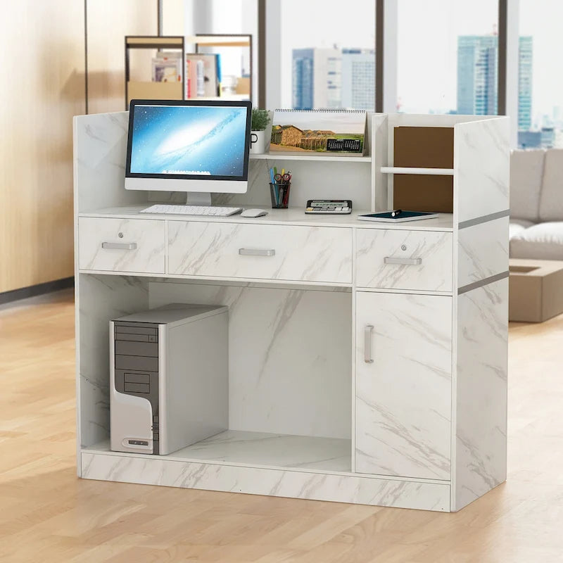 White 3-Drawer Reception Desk, Modern Style, Single-User