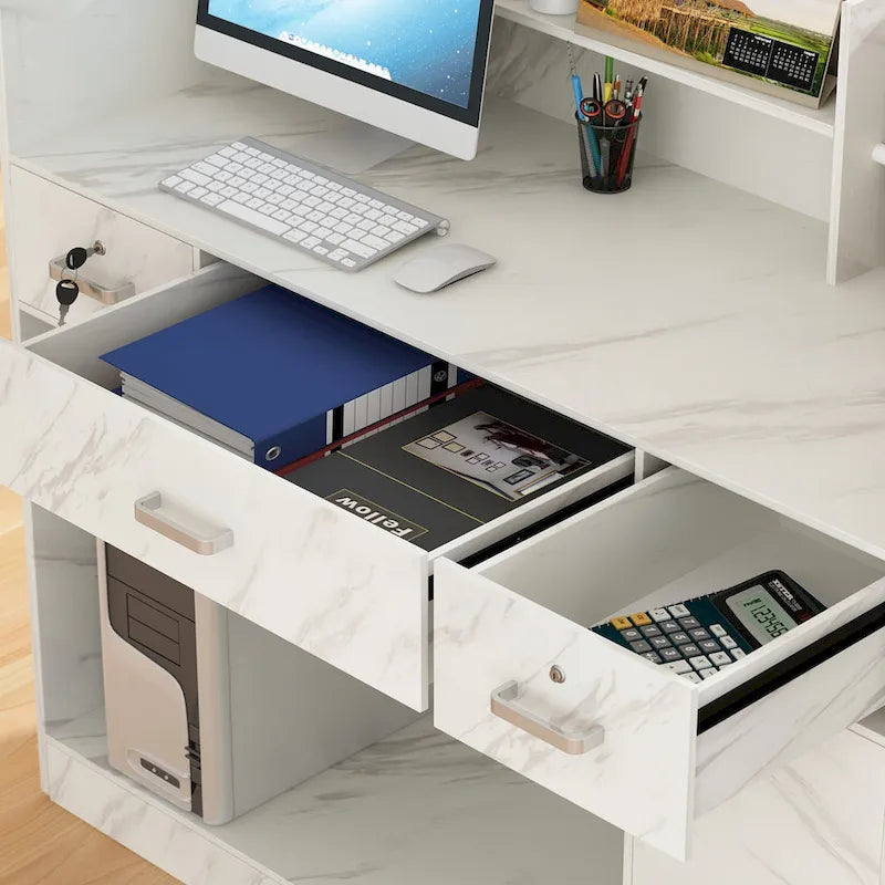 White 3-Drawer Reception Desk, Modern Style, Single-User
