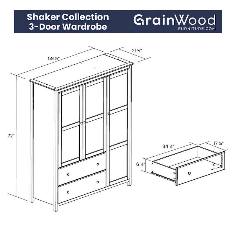 Shaker-Style 3-Door Wood Armoire, Espresso/Walnut/Cherry, 1-Person