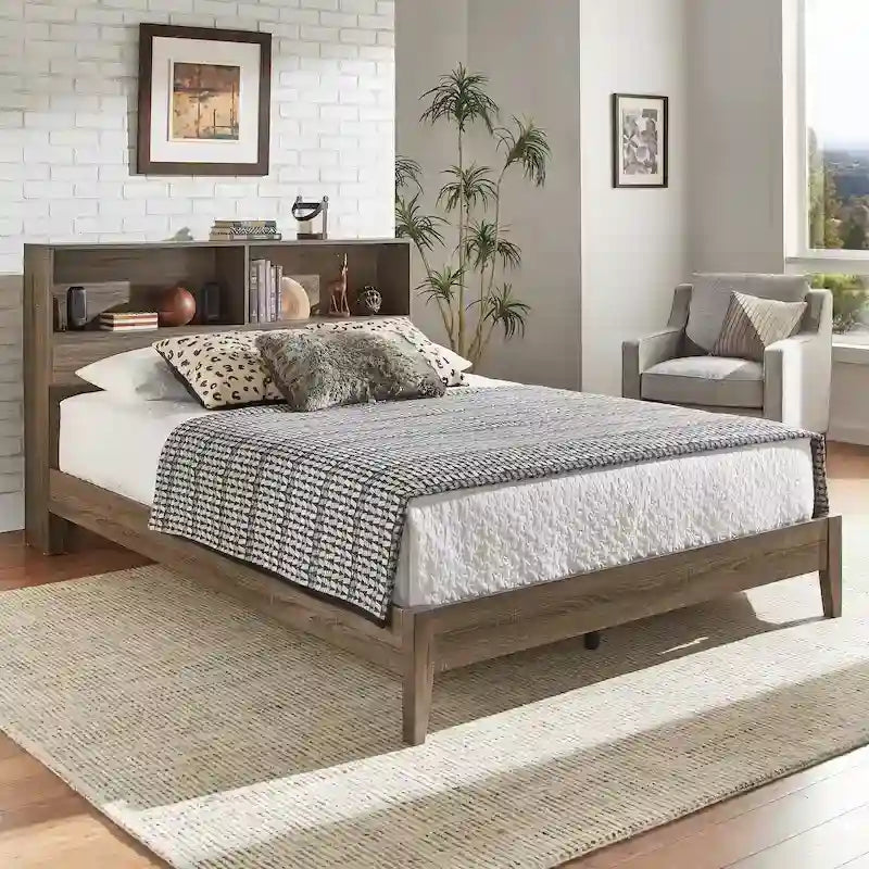 Grey / White / Cherry Bookcase Queen Platform Bed with USB Ports – 1-Person