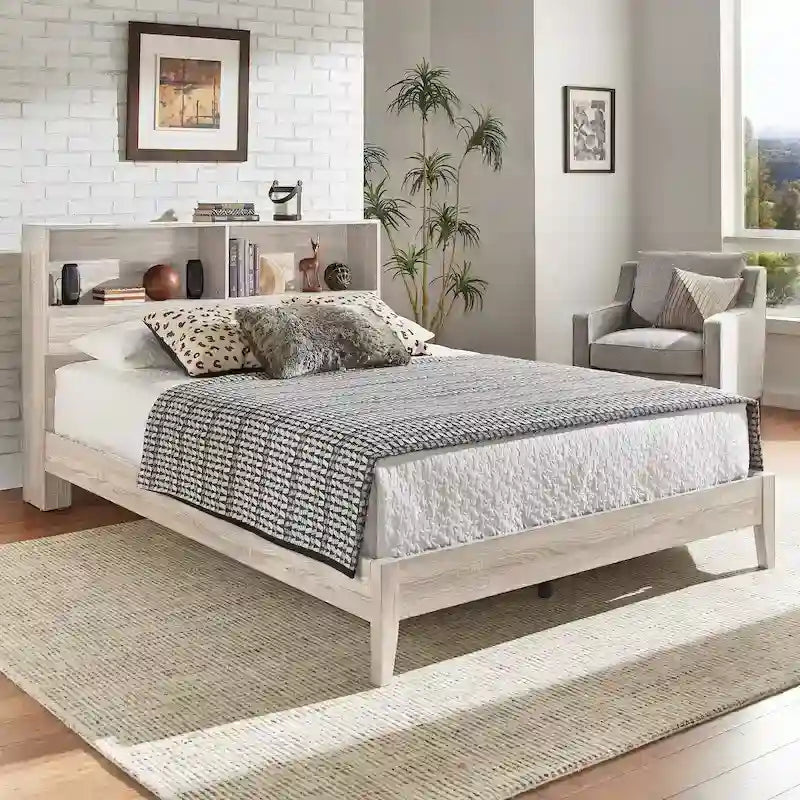 Grey / White / Cherry Bookcase Queen Platform Bed with USB Ports – 1-Person