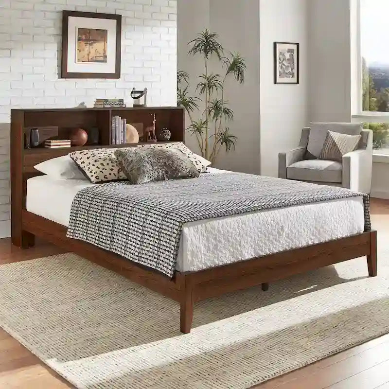 Grey / White / Cherry Bookcase Queen Platform Bed with USB Ports – 1-Person