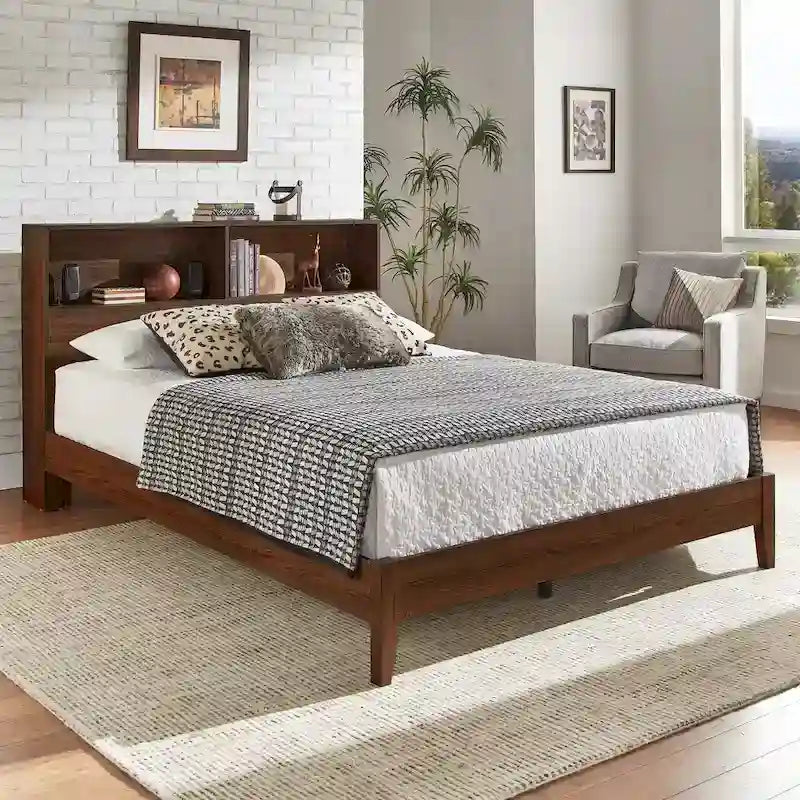 Grey / White / Cherry Bookcase Queen Platform Bed with USB Ports – 1-Person