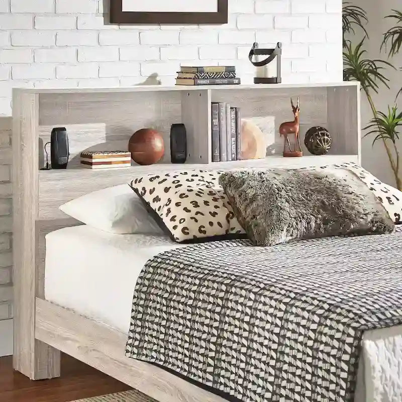 Grey / White / Cherry Bookcase Queen Platform Bed with USB Ports – 1-Person