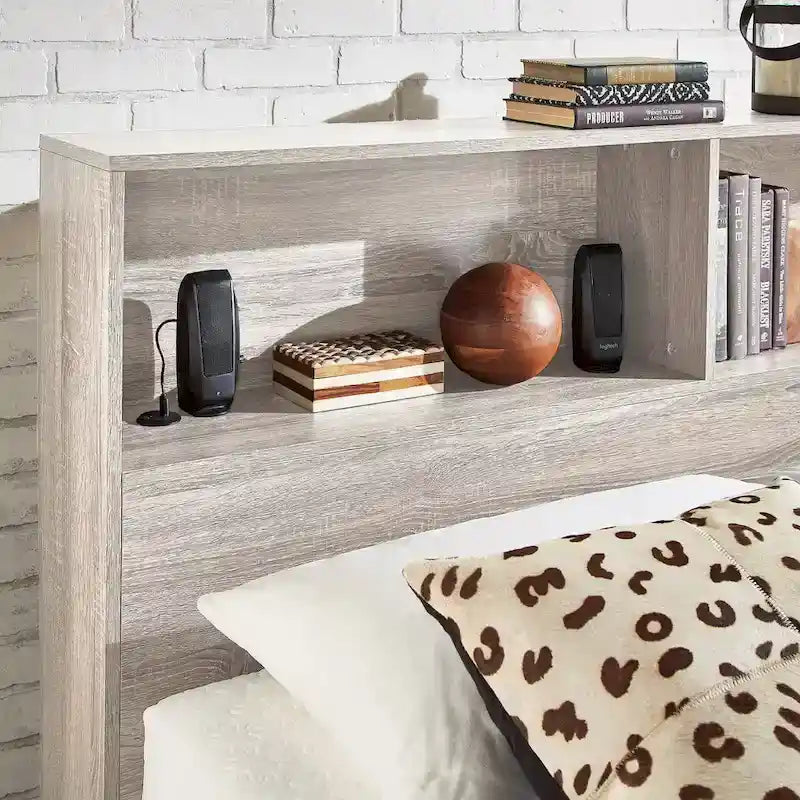 Grey / White / Cherry Bookcase Queen Platform Bed with USB Ports – 1-Person