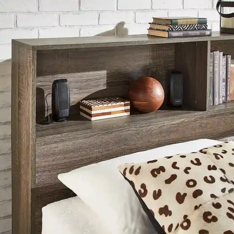 Grey / White / Cherry Bookcase Queen Platform Bed with USB Ports – 1-Person