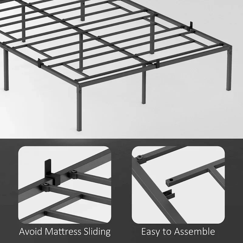 Black Metal Platform Bed Frame – Steel Slats, No Box Spring, 1–2 Person