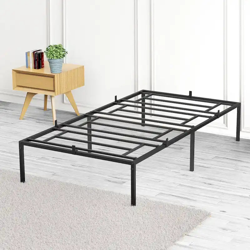 Black Metal Platform Bed Frame – Steel Slats, No Box Spring, 1–2 Person
