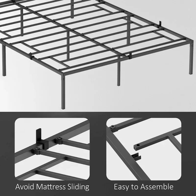 Black Metal Platform Bed Frame – Steel Slats, No Box Spring, 1–2 Person