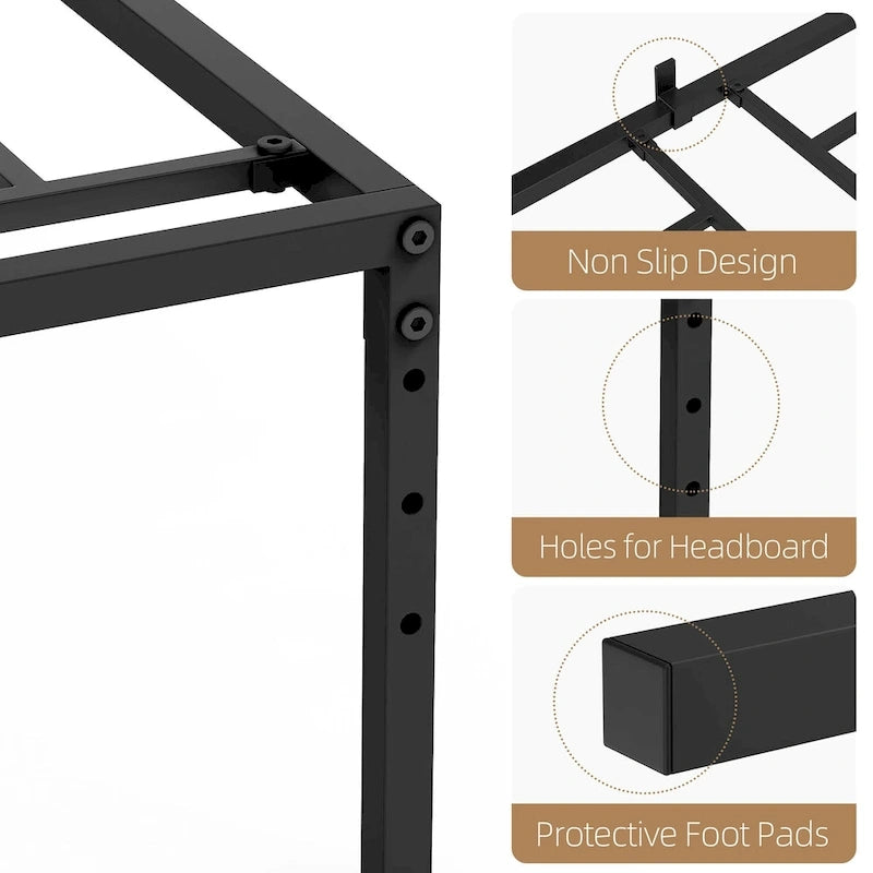Black Metal Platform Bed Frame – Steel Slats, No Box Spring, 1–2 Person