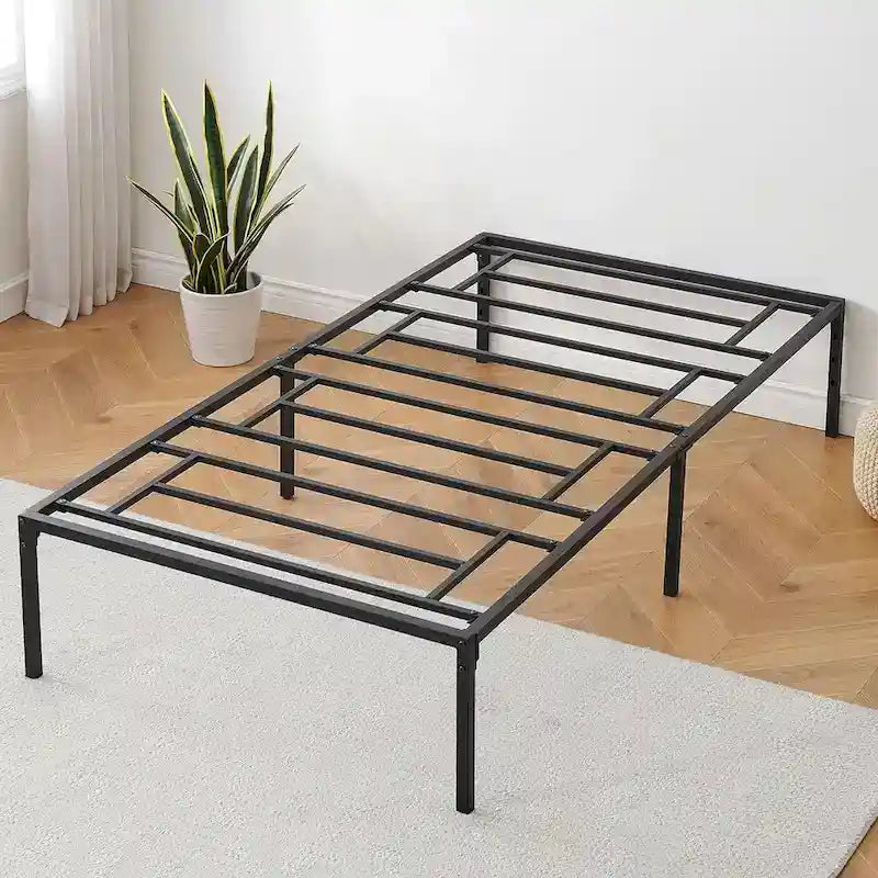 Black Metal Platform Bed Frame – Steel Slats, No Box Spring, 1–2 Person