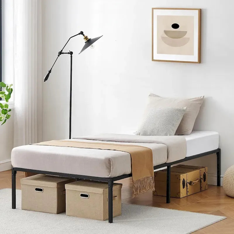 Black Metal Platform Bed Frame – Steel Slats, No Box Spring, 1–2 Person