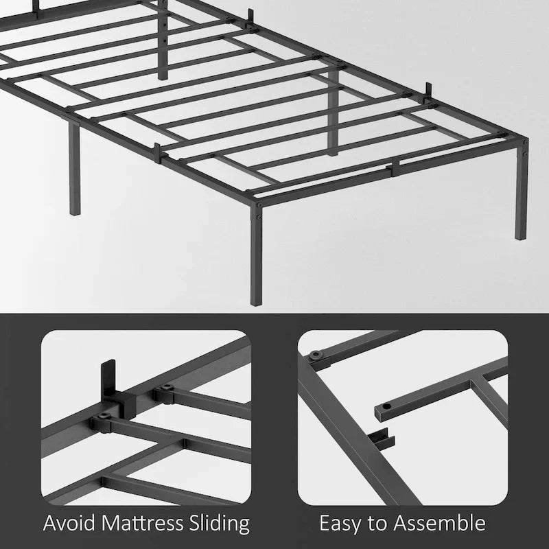 Black Metal Platform Bed Frame – Steel Slats, No Box Spring, 1–2 Person