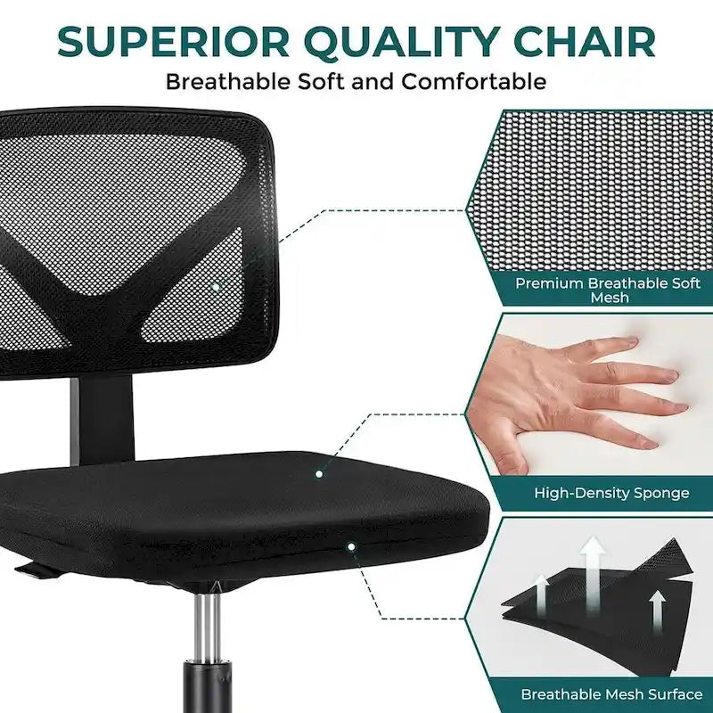 Green / Orange / Blue / Grey / Black / Pink Armless Swivel Desk Chair with Back Support – Single