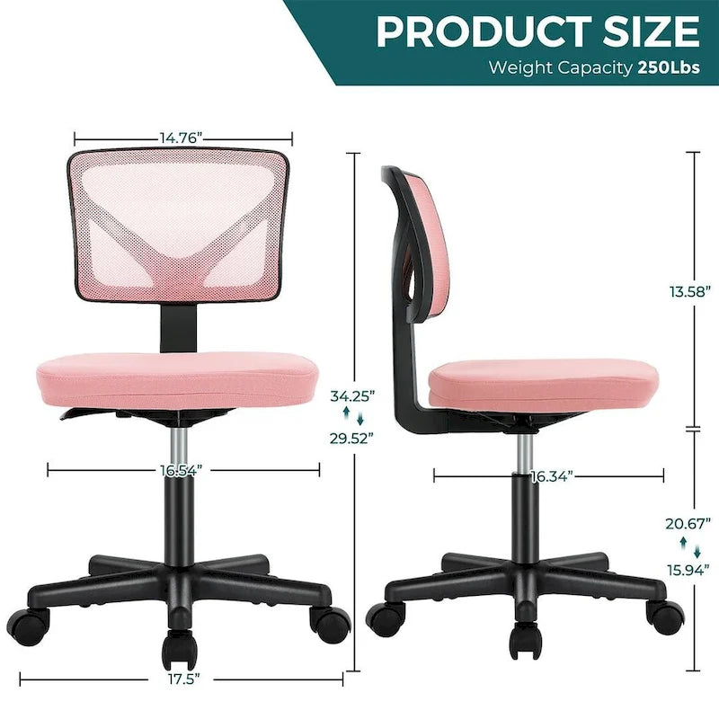 Green / Orange / Blue / Grey / Black / Pink Armless Swivel Desk Chair with Back Support – Single