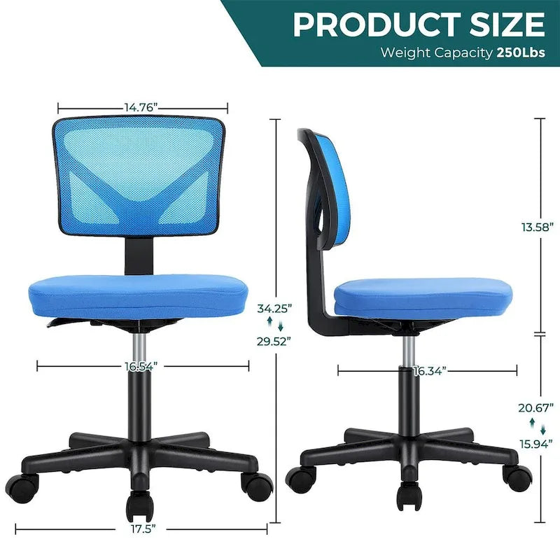 Green / Orange / Blue / Grey / Black / Pink Armless Swivel Desk Chair with Back Support – Single
