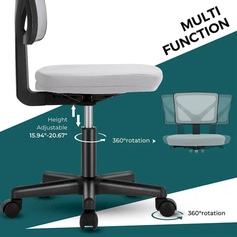 Green / Orange / Blue / Grey / Black / Pink Armless Swivel Desk Chair with Back Support – Single