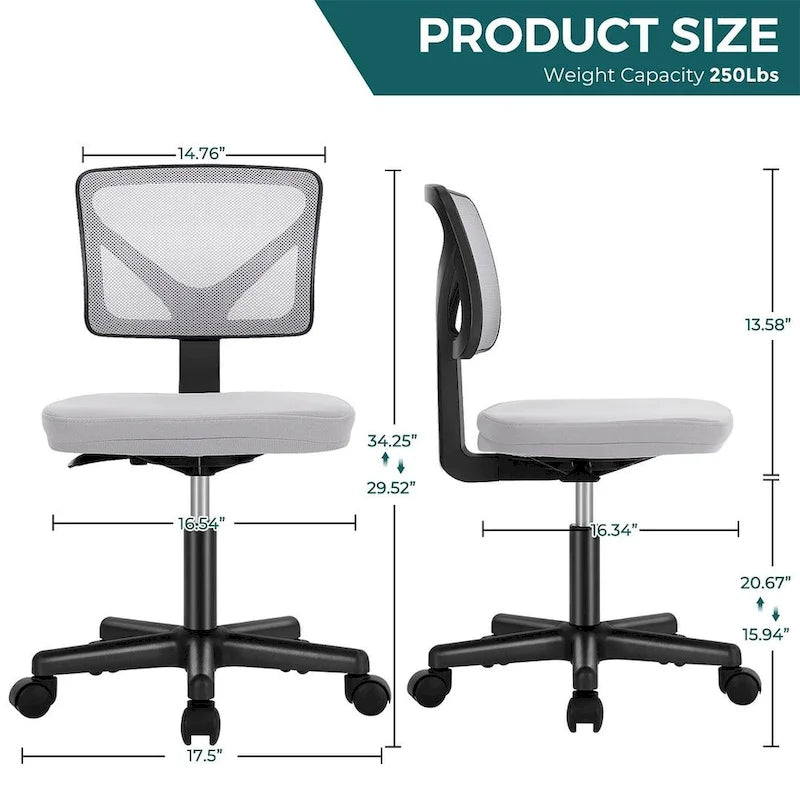 Green / Orange / Blue / Grey / Black / Pink Armless Swivel Desk Chair with Back Support – Single