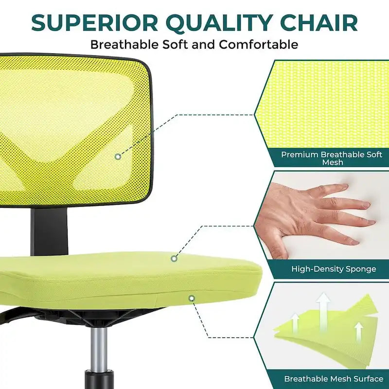 Green / Orange / Blue / Grey / Black / Pink Armless Swivel Desk Chair with Back Support – Single