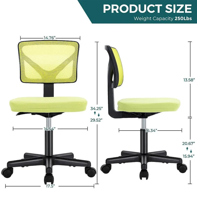 Green / Orange / Blue / Grey / Black / Pink Armless Swivel Desk Chair with Back Support – Single