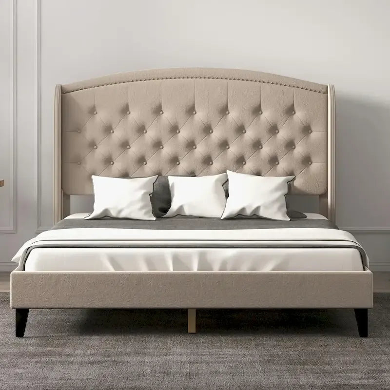 Cadre de lit en velours noir/beige/gris à oreilles avec rangement, King, 2 personnes