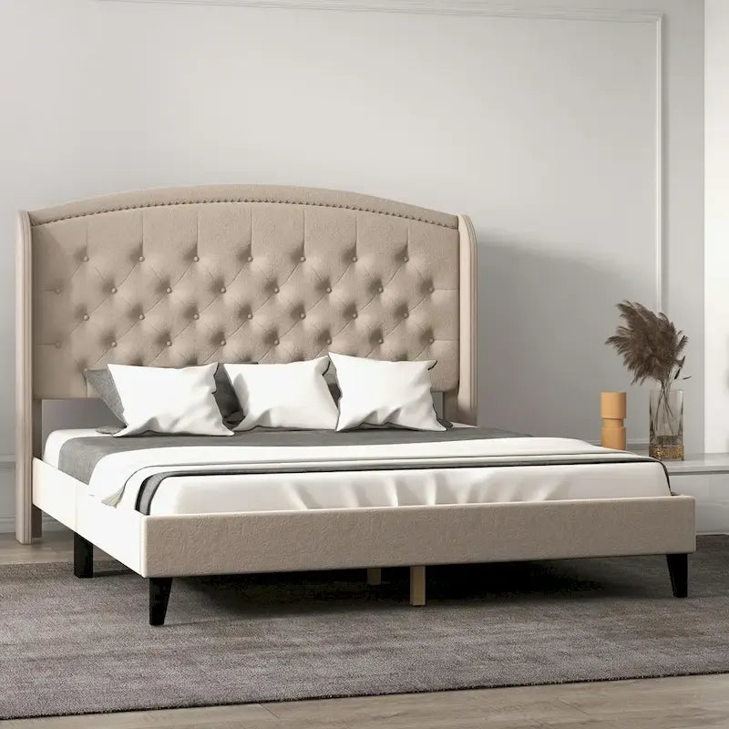 Black/Beige/Grey Velvet Wingback Bed Frame with Storage, King, 2-Person