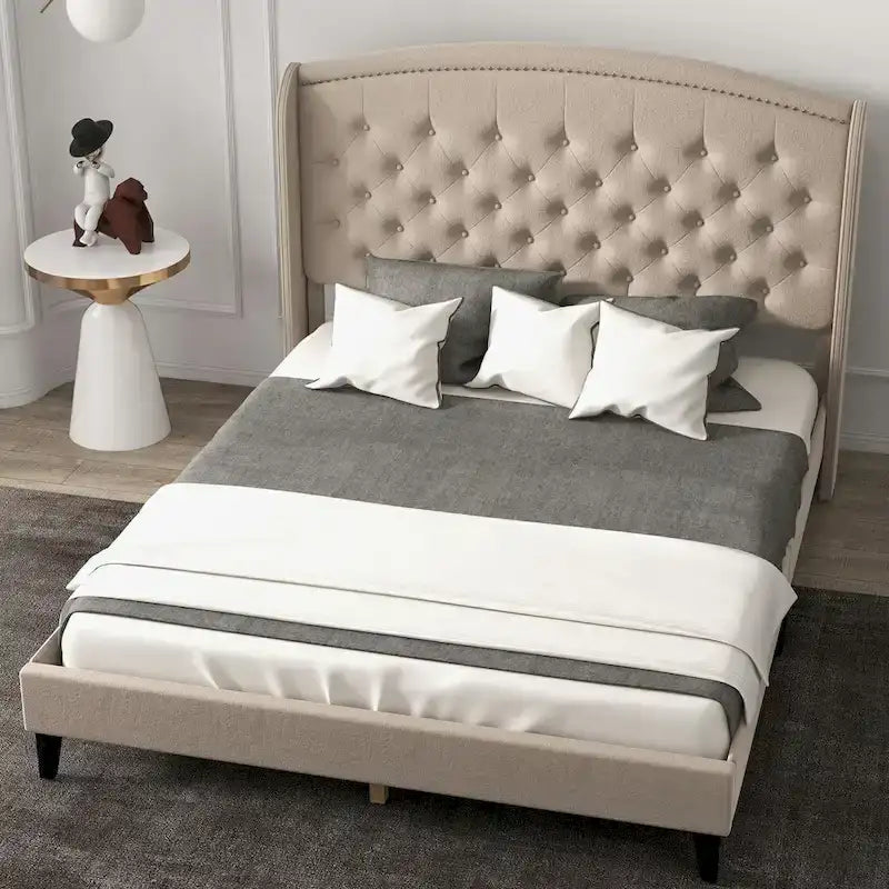 Black/Beige/Grey Velvet Wingback Bed Frame with Storage, King, 2-Person