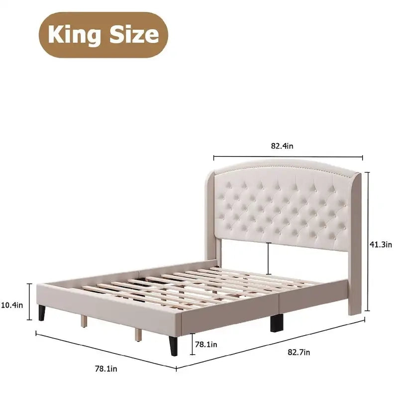 Black/Beige/Grey Velvet Wingback Bed Frame with Storage, King, 2-Person