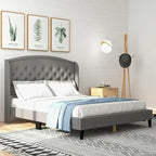 Black/Beige/Grey Velvet Wingback Bed Frame with Storage, King, 2-Person