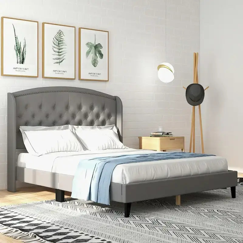 Black/Beige/Grey Velvet Wingback Bed Frame with Storage, King, 2-Person
