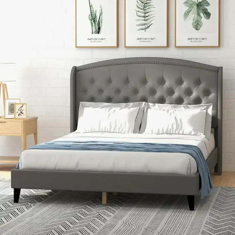 Black/Beige/Grey Velvet Wingback Bed Frame with Storage, King, 2-Person