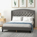 Black/Beige/Grey Velvet Wingback Bed Frame with Storage, King, 2-Person