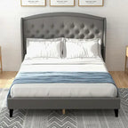 Black/Beige/Grey Velvet Wingback Bed Frame with Storage, King, 2-Person