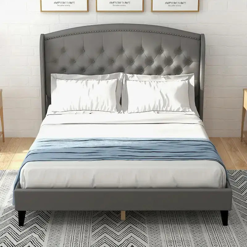 Black/Beige/Grey Velvet Wingback Bed Frame with Storage, King, 2-Person