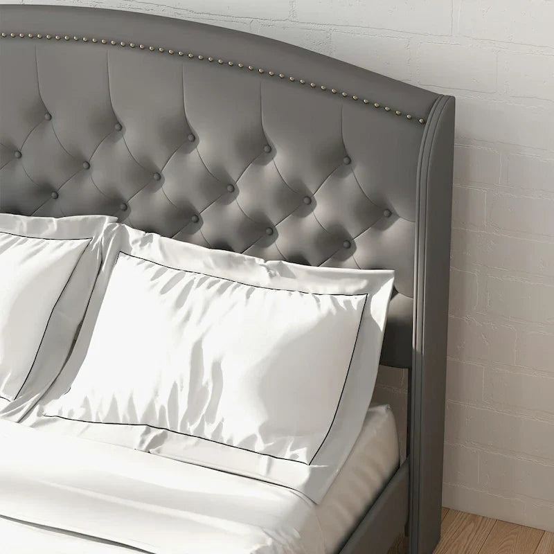 Black/Beige/Grey Velvet Wingback Bed Frame with Storage, King, 2-Person