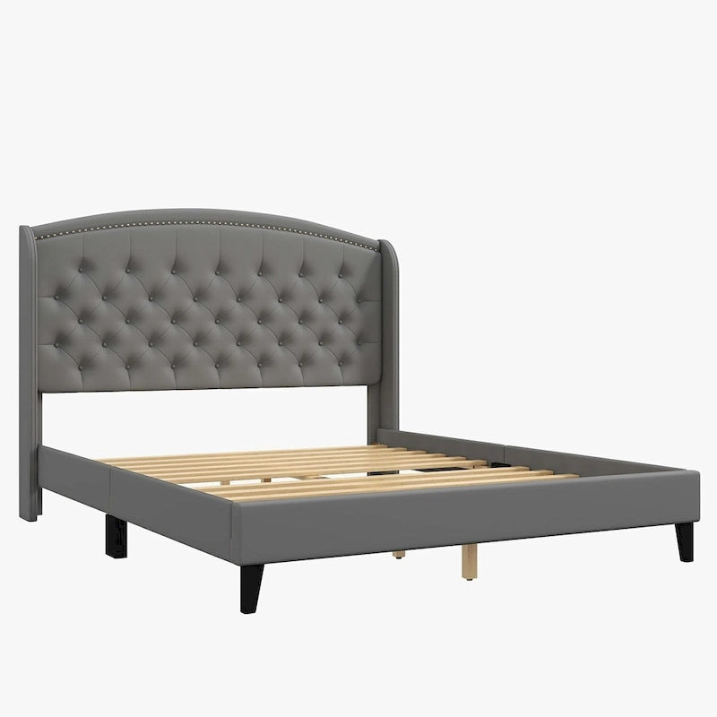 Black/Beige/Grey Velvet Wingback Bed Frame with Storage, King, 2-Person