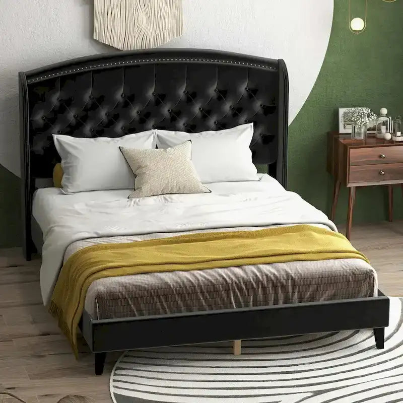 Black/Beige/Grey Velvet Wingback Bed Frame with Storage, King, 2-Person