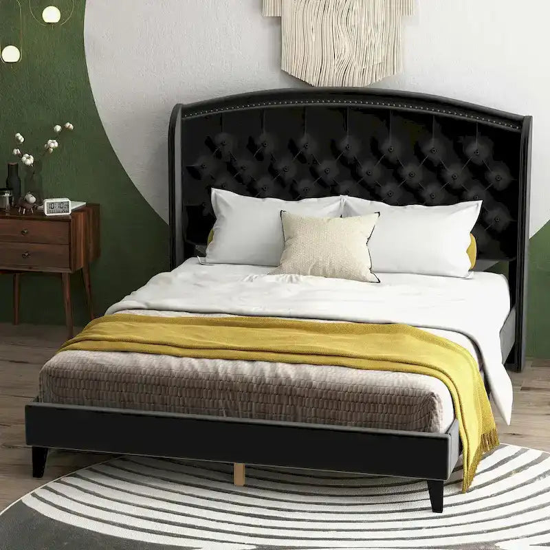 Black/Beige/Grey Velvet Wingback Bed Frame with Storage, King, 2-Person