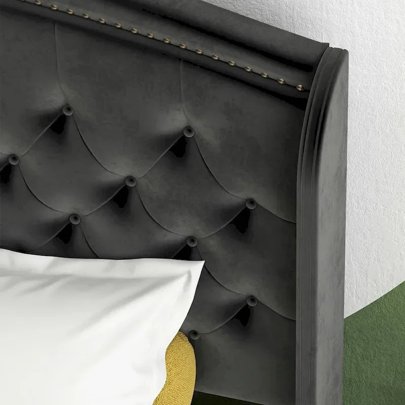 Black/Beige/Grey Velvet Wingback Bed Frame with Storage, King, 2-Person