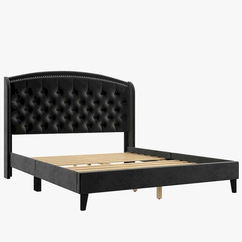 Black/Beige/Grey Velvet Wingback Bed Frame with Storage, King, 2-Person