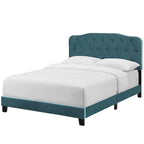 Teal Velvet Queen Platform Bed, Button Tufted Headboard, 1-Person